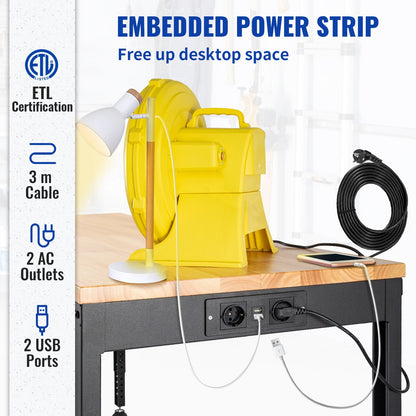 Workbench Adjustable Height, 122cm W X 61cm D X 97cm H Garage Table with 72 – 97 cm Heights & 900KG Load Capacity, with Power Outlets & Hardwood Top & Metal Frame & Foot Pads, for Office Home