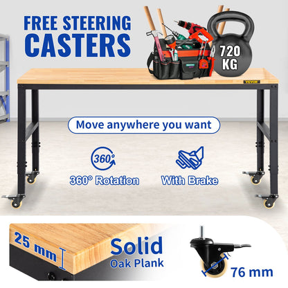 Arbetsbänk med justerbar höjd, 122 cm B x 61 cm DX 104 cm H Garagebord med 79–104 cm höjd och 720 kg kapacitet, med eluttag, träskiva, metallram och svänghjul, för kontor/hem