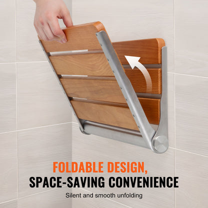 Folding Oak Shower Seat 16.1"/40.9 cm x 13.4"/34 cm Wall Mounted Shower Bench 440 lbs/199.6 kg