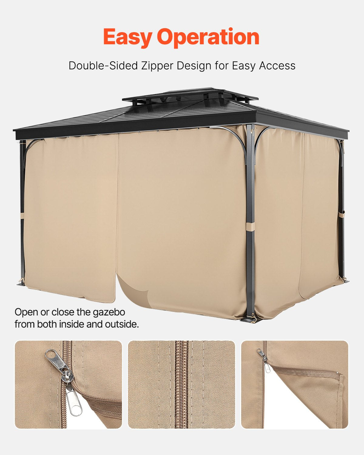 Gazebo Curtains Outdoor, Fit Most 10' x 10' x 6.7' Gazebos, 4-Panel Sidewall Gazebo Privacy Curtains with Zippers, Outdoor Curtain Replacement for Patio Canopy, Only Curtain, Khaki