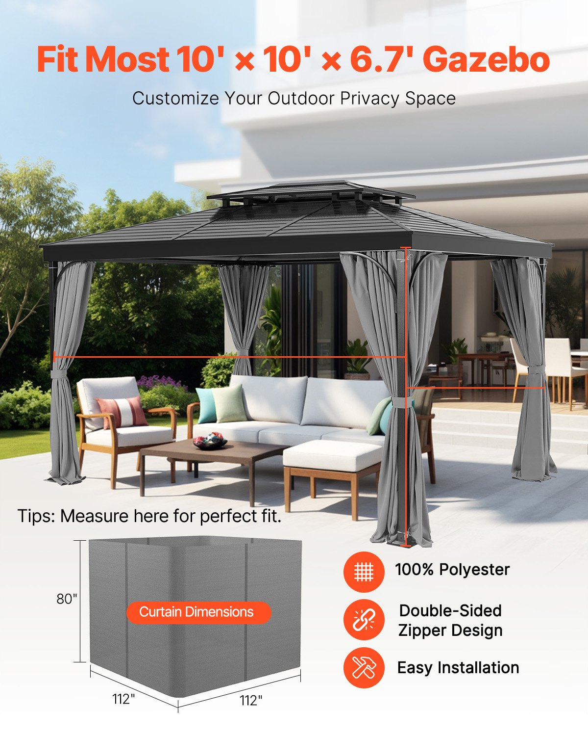 Gazebo Curtains Outdoor, Fit Most 10' x 10' x 6.7' Gazebos, 4-Panel Sidewall Gazebo Privacy Curtains with Zippers, 6.7' Tall Outdoor Curtain Replacement for Patio Canopy, Only Curtain, Gray