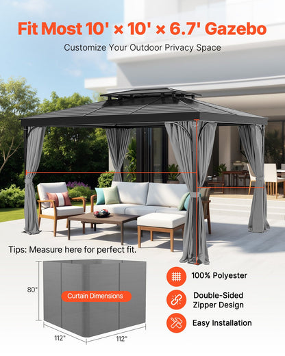 Gazebo Curtains Outdoor, Fit Most 10' x 10' x 6.7' Gazebos, 4-Panel Sidewall Gazebo Privacy Curtains with Zippers, 6.7' Tall Outdoor Curtain Replacement for Patio Canopy, Only Curtain, Gray