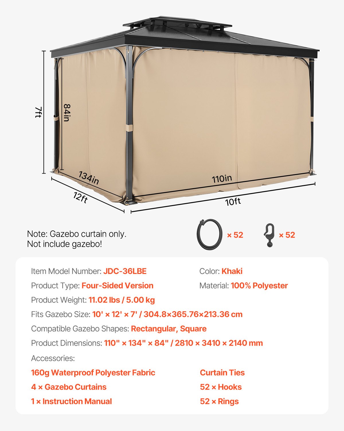 Paviljonggardiner för utomhusbruk, 3,6 x 3,8 x 1,8 m paviljonger, 4-panelers sidoväggar för paviljonger med dragkedjor, ersättning för utomhusgardin för uteplatstak, Only Curtain, khaki