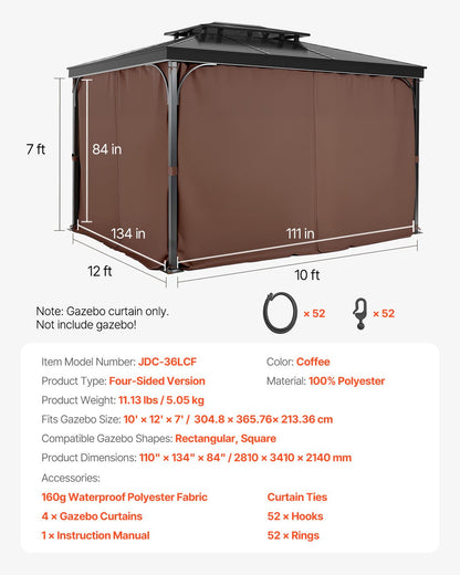 Paviljonggardiner för utomhusbruk, 3,6 x 3,8 x 1,8 m paviljonger, 4-panelers sidoväggar för paviljonger med dragkedjor, ersättning för utomhusgardin för uteplatstak, endast gardin, kaffe