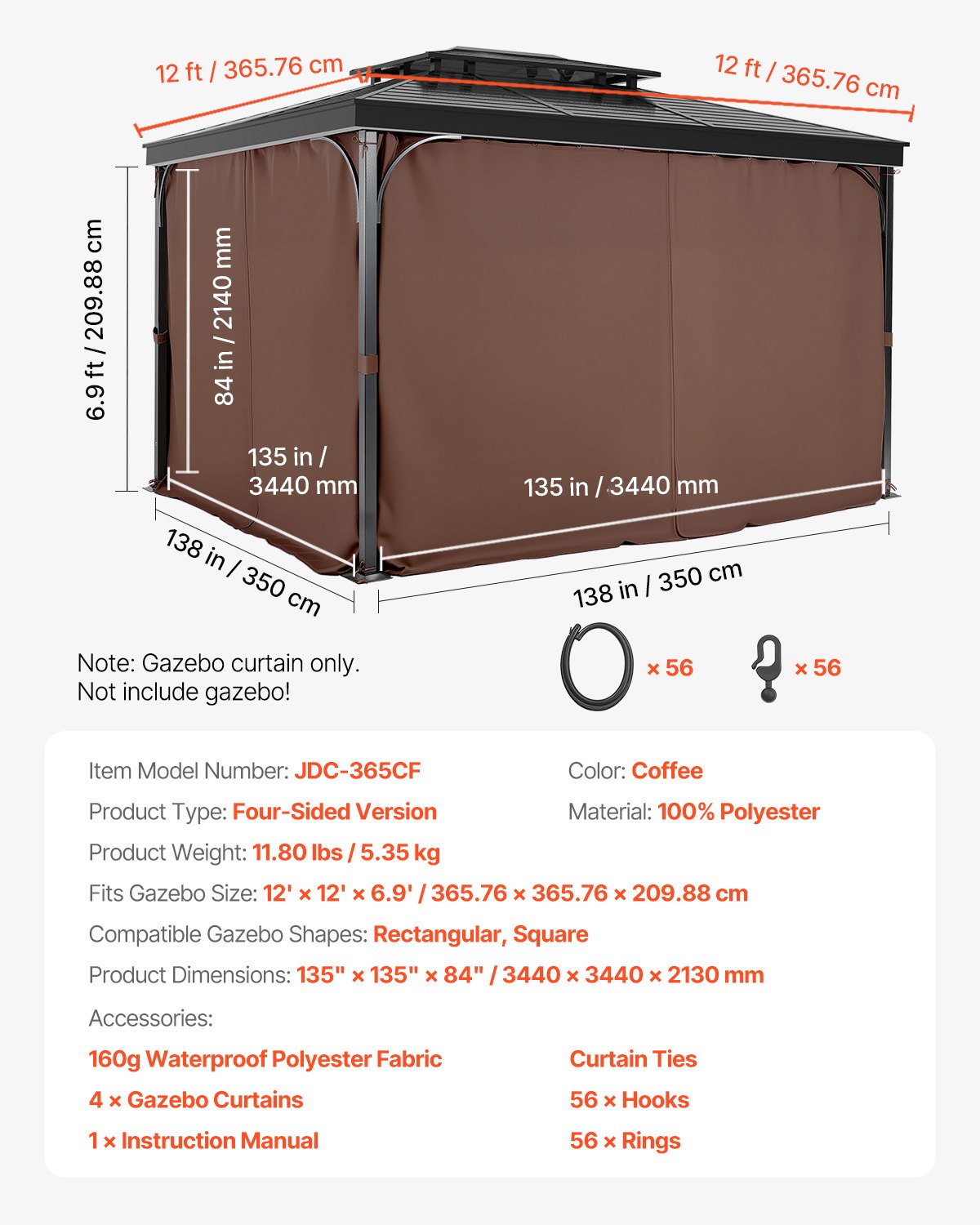 Paviljonggardiner för utomhusbruk, 3,6 x 3,6 x 1,8 m paviljonger, 4-panelers sidoväggar för paviljonger med dragkedjor, ersättning för utomhusgardin för uteplatstak, endast gardin, kaffe
