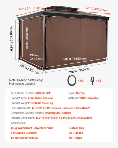 Paviljonggardiner för utomhusbruk, 3,6 x 3,6 x 1,8 m paviljonger, 4-panelers sidoväggar för paviljonger med dragkedjor, ersättning för utomhusgardin för uteplatstak, endast gardin, kaffe