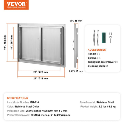 BBQ Access Door, 711x482 mm Double Outdoor Kitchen Door, Stainless Steel Flush Mount Door, Wall Vertical Door with Handles, for BBQ Island, Grilling Station, Outside Cabinet