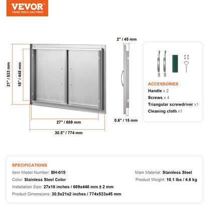 BBQ Access Door, 774x533 mm Double Outdoor Kitchen Door, Stainless Steel Flush Mount Door, Wall Vertical Door with Handles, for BBQ Island, Grilling Station, Outside Cabinet