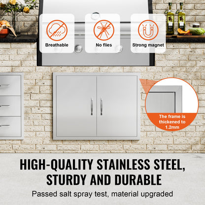 BBQ Access Door, 787x609 mm Double Outdoor Kitchen Door, Stainless Steel Flush Mount Door, Double Wall Vertical Door with Handles and Hooks, for BBQ Island, Grilling Station, Outside Cabinet