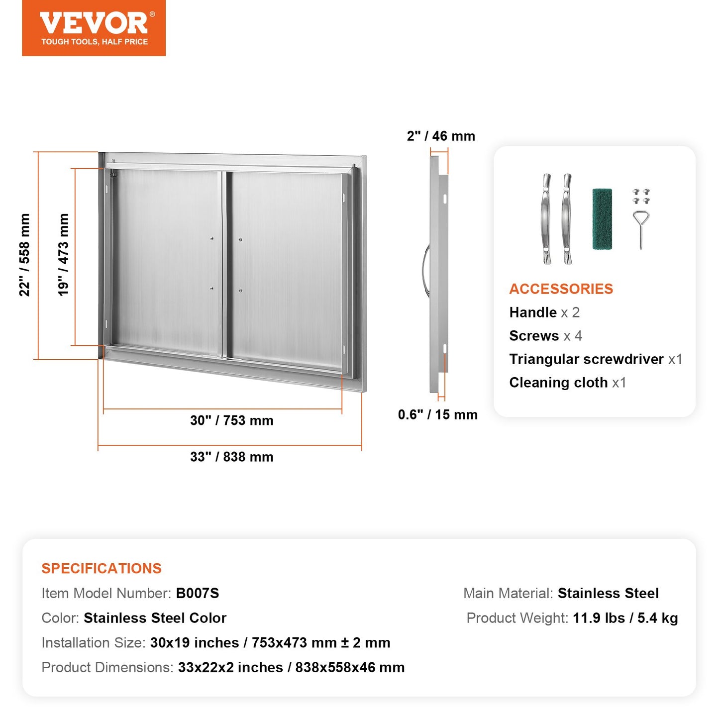 BBQ Access Door, 838x558 mm Double Outdoor Kitchen Door, Stainless Steel Flush Mount Door, Wall Vertical Door with Handles, for BBQ Island, Grilling Station, Outside Cabinet
