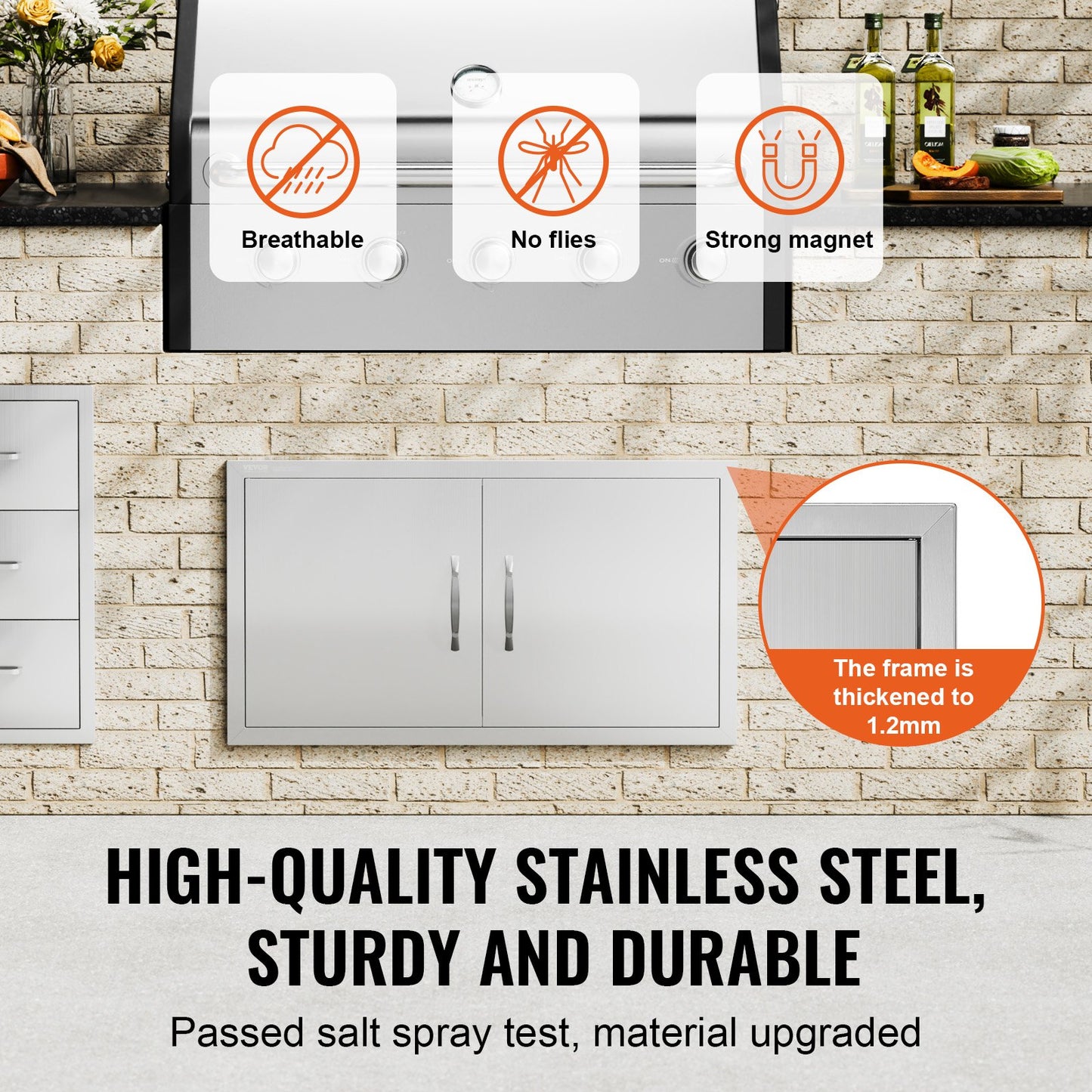 BBQ Access Door, 863x482 mm Double Outdoor Kitchen Door, Stainless Steel Flush Mount Door, Wall Vertical Door with Handles, for BBQ Island, Grilling Station, Outside Cabinet