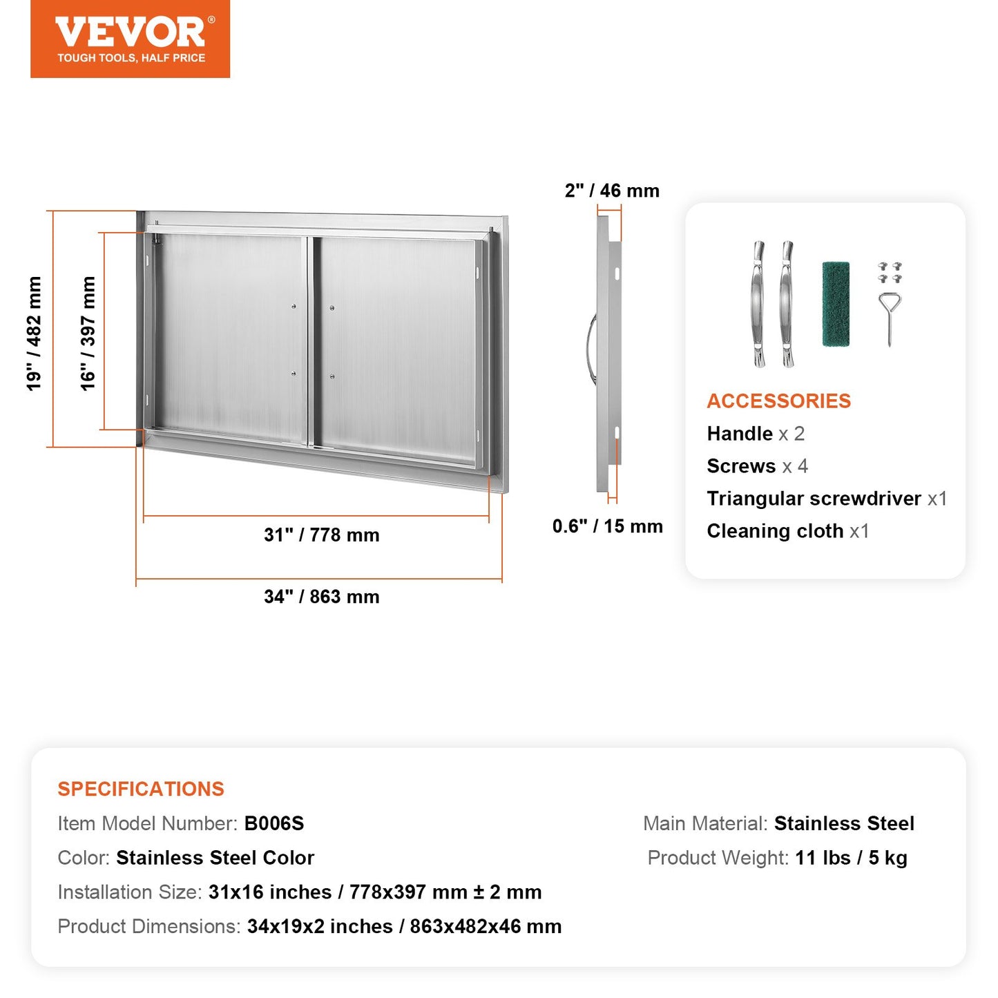 BBQ Access Door, 863x482 mm Double Outdoor Kitchen Door, Stainless Steel Flush Mount Door, Wall Vertical Door with Handles, for BBQ Island, Grilling Station, Outside Cabinet