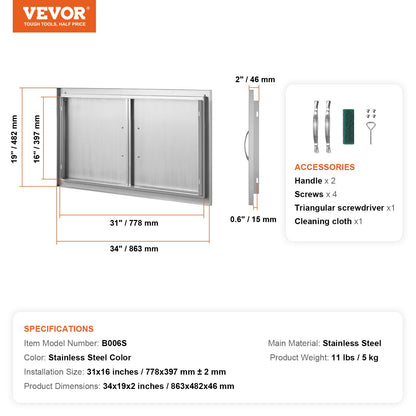 BBQ Access Door, 863x482 mm Double Outdoor Kitchen Door, Stainless Steel Flush Mount Door, Wall Vertical Door with Handles, for BBQ Island, Grilling Station, Outside Cabinet