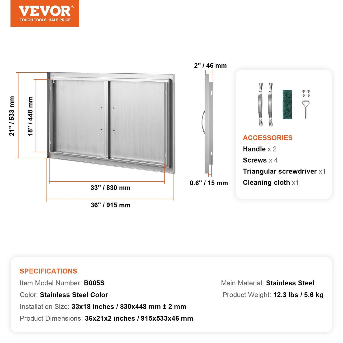 BBQ Access Door, 915x533 mm Double Outdoor Kitchen Door, Stainless Steel Flush Mount Door, Wall Vertical Door with Handles, for BBQ Island, Grilling Station, Outside Cabinet