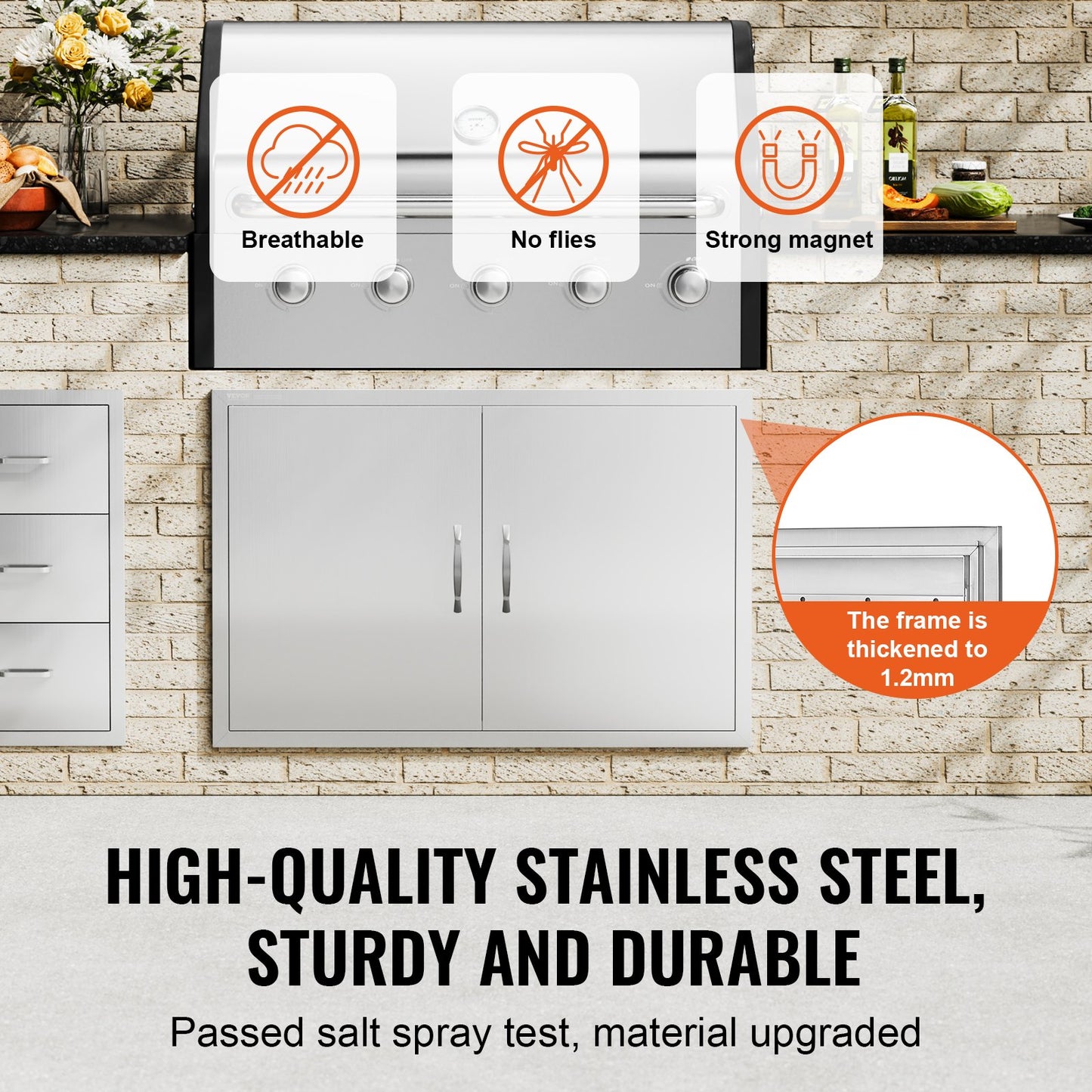 BBQ Access Door, 990x660 mm Double Outdoor Kitchen Door, Stainless Steel Flush Mount Door, Wall Vertical Door with Handles and Hooks, for BBQ Island, Grilling Station, Outside Cabinet