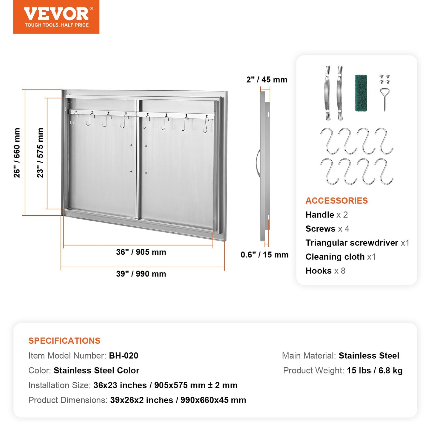 BBQ Access Door, 990x660 mm Double Outdoor Kitchen Door, Stainless Steel Flush Mount Door, Wall Vertical Door with Handles and Hooks, for BBQ Island, Grilling Station, Outside Cabinet