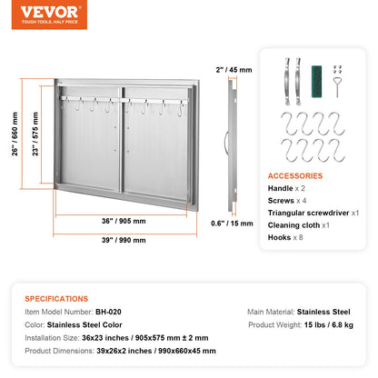 BBQ Access Door, 990x660 mm Double Outdoor Kitchen Door, Stainless Steel Flush Mount Door, Wall Vertical Door with Handles and Hooks, for BBQ Island, Grilling Station, Outside Cabinet
