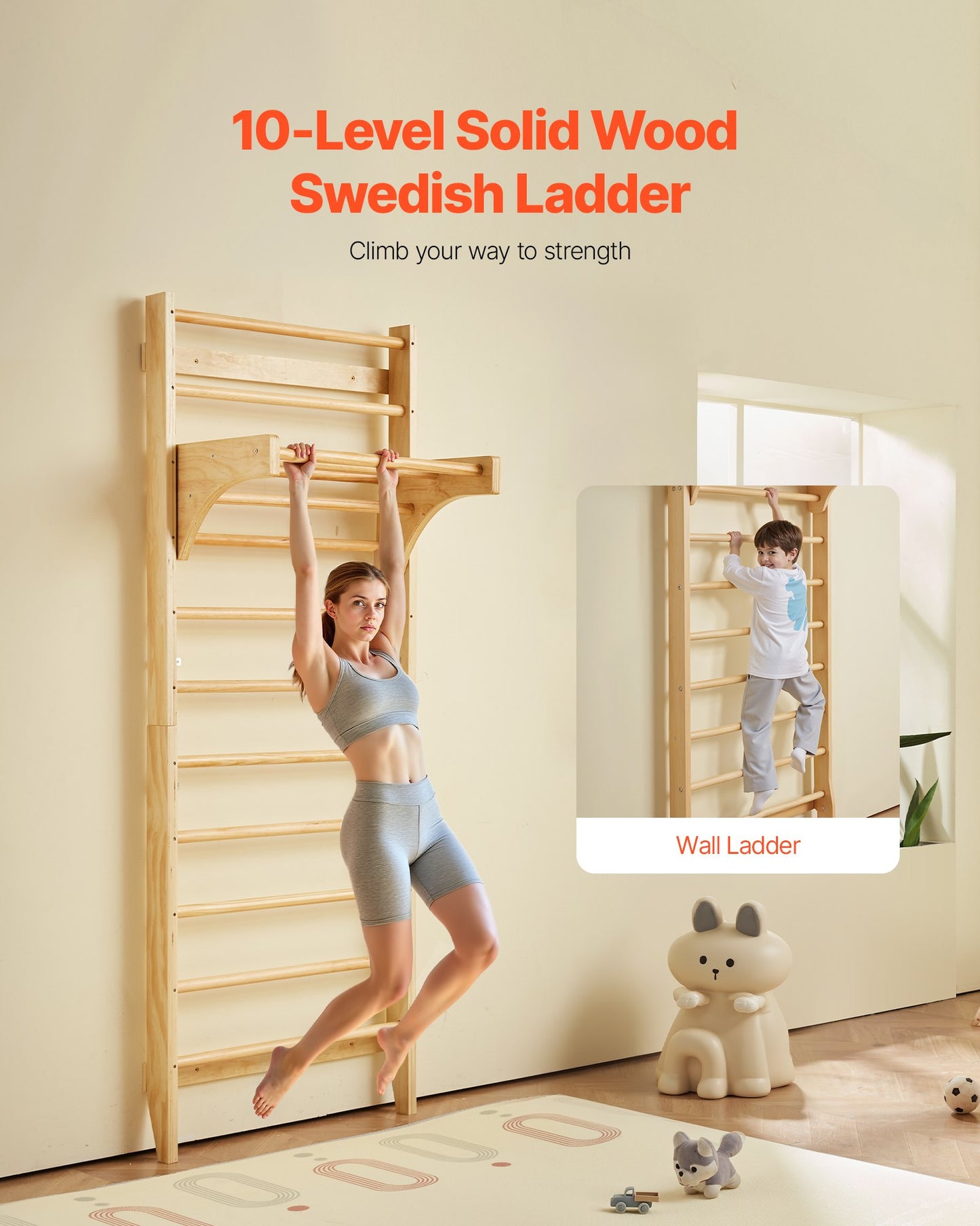 Swedish Ladder Wall Gym, 10-Level Solid Wood Indoor Jungle Gym, 220lbs Loading Indoor Playground Climbing Ladder for Kid Adults, Gymnastic Stall Bars with Pull-Up Bar - Ideal Gift for Boys Girls
