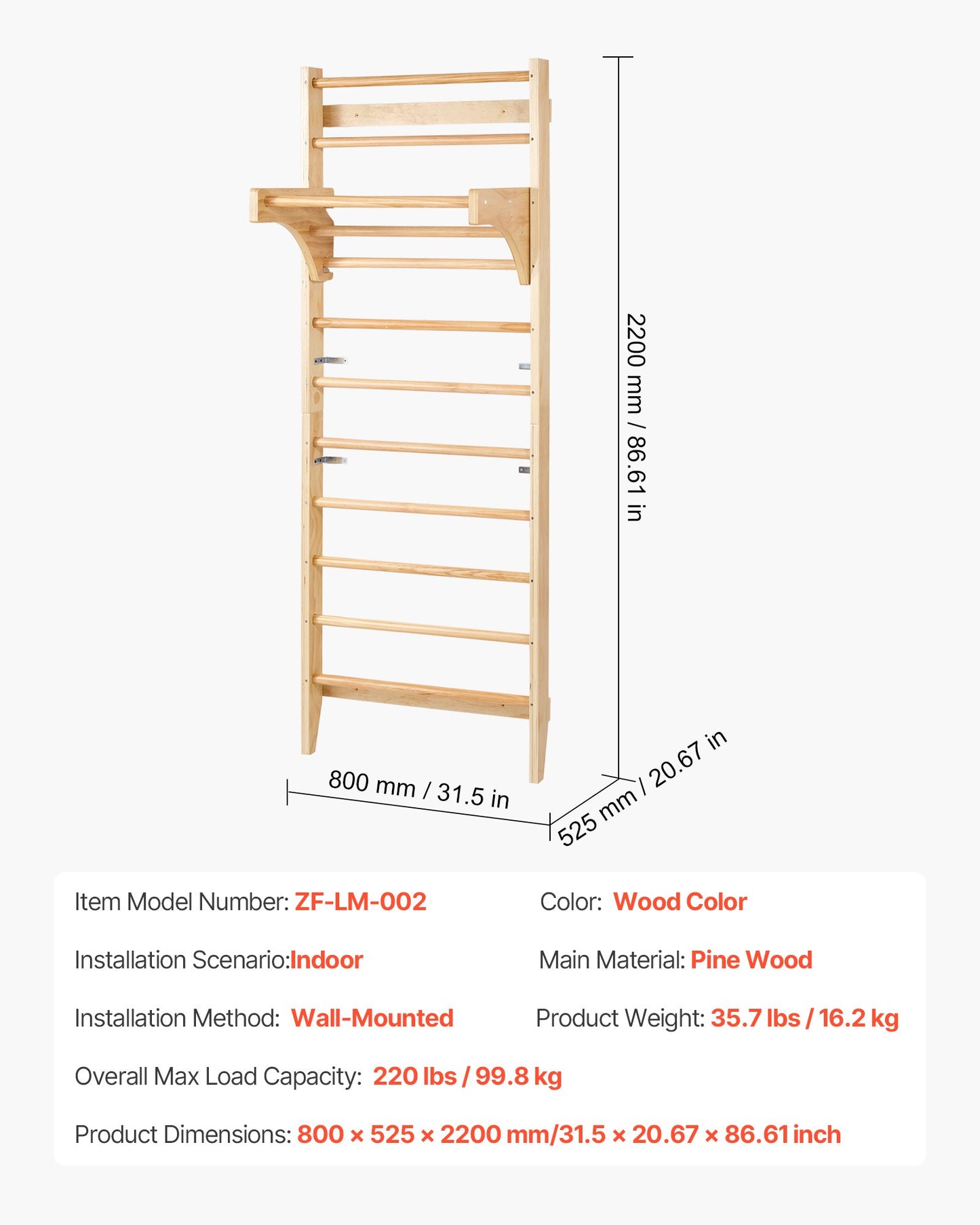 Swedish Ladder Wall Gym, 10-Level Solid Wood Indoor Jungle Gym, 220lbs Loading Indoor Playground Climbing Ladder for Kid Adults, Gymnastic Stall Bars with Pull-Up Bar - Ideal Gift for Boys Girls