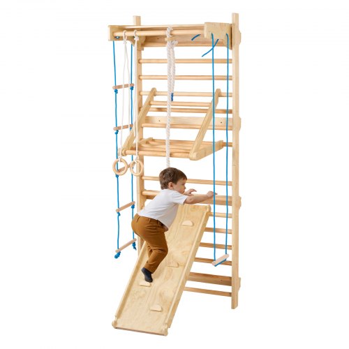 Swedish Ladder Wall Gym, 8-in-1 15 Levels Solid Wood Indoor Jungle Gym, 220LBS Wall Stall Bars Climbing Playset with Wall Ladder, Slide Board, Pull-Up Bar, Gym Rings, Swing Seat, Rope Ladder