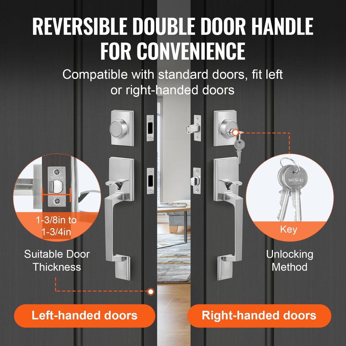 Double Door Handle Set, Double Door Lock Set with Reversible Handle Lever, Satin Nickel Square Door Lever, Heavy Duty Double Front Door Handle Set with Dummy, for Front Door or Office Door