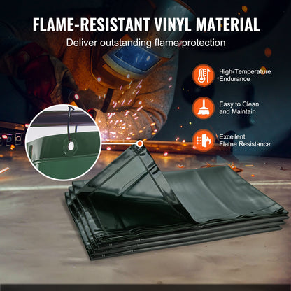 Welding Screen with Frame, 182.9 cm x 182.9 cm 3 Panel Welding Curtain Screens, Flame-Resistant Vinyl Welding Protection Screen on 12 Swivel Wheels (6 Lockable), Moveable & Professional for Workshop, Green