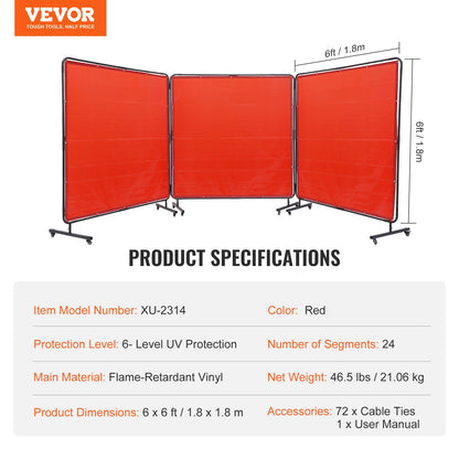 Welding Screen with Frame, 1.8 x 1.8 m 3 Panel Welding Curtain Screens, Flame-Resistant Vinyl Welding Protection Screen on 12 Swivel Wheels (6 Lockable), Moveable & Professional for Workshop, Red