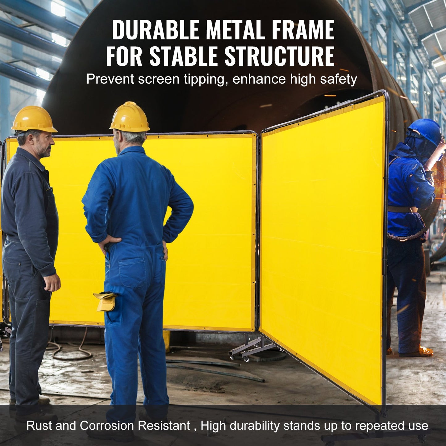Svetsskärm med ram, 6' x 8' 3-panels svetsgardinskärmar, flamskyddad svetsskyddsskärm i vinyl på 12 svängbara hjul (6 låsbara), flyttbar och professionell för verkstad, gul