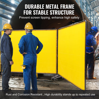Svetsskärm med ram, 6' x 8' 3-panels svetsgardinskärmar, flamskyddad svetsskyddsskärm i vinyl på 12 svängbara hjul (6 låsbara), flyttbar och professionell för verkstad, gul