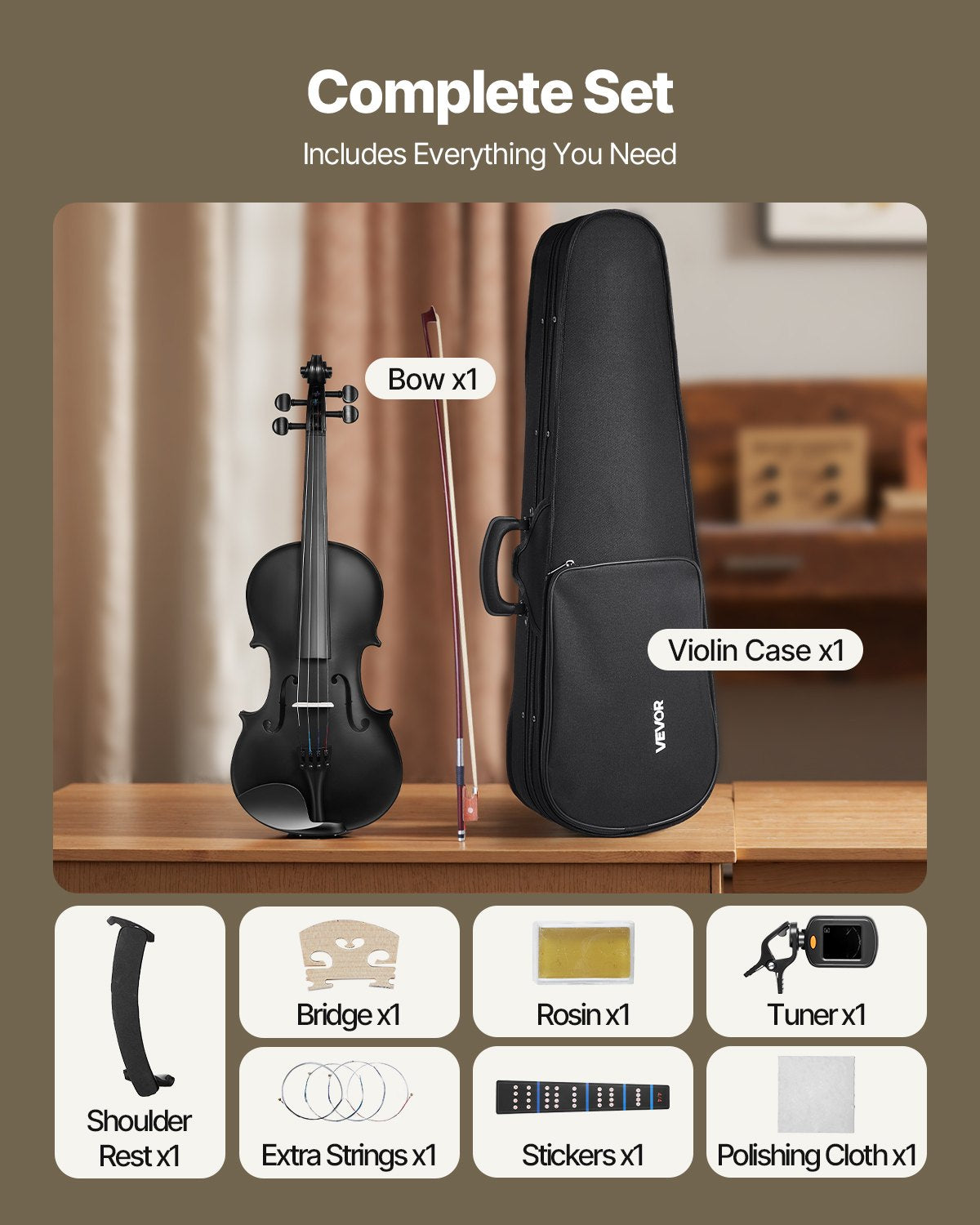 Fiol 355 mm storlek 4/4 Fiolset massivt trä för nybörjare med fodral rosin svart