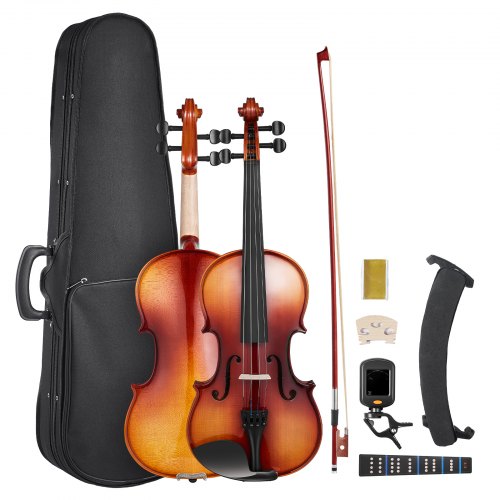 Violin 4/4 355mm Full Size Fiddle Set Solidwood for Beginner Glossy Brown