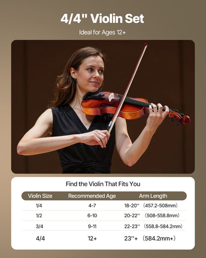 Violin 4/4 355mm Full Size Fiddle Set Solidwood for Beginner Glossy Brown