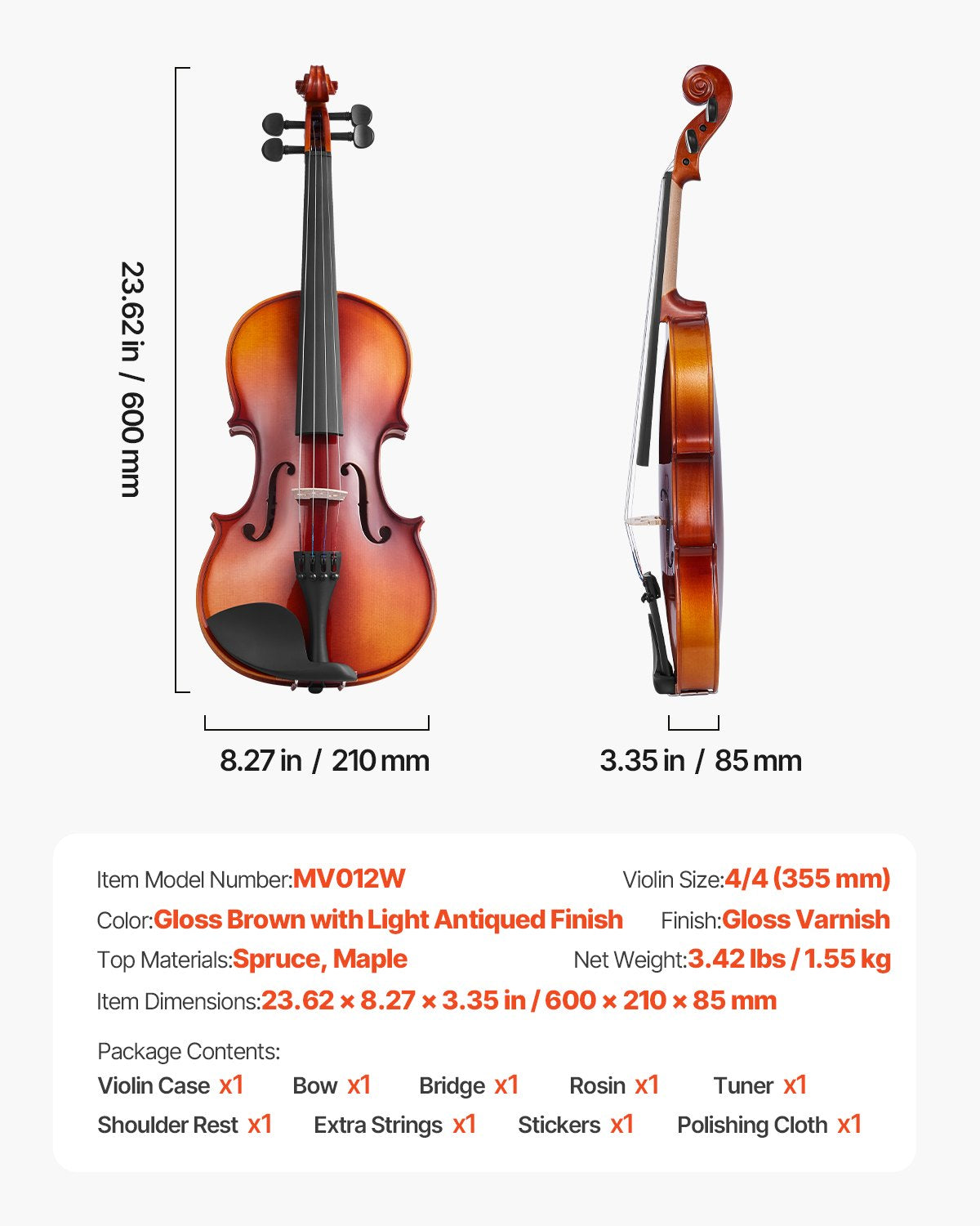Violin 4/4 355mm Full Size Fiddle Set Solidwood for Beginner Glossy Brown
