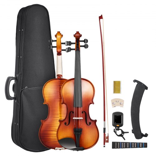 Violin 4/4 355mm Size Fiddle Set Solidwood for Beginner Glossy Brown Patterned