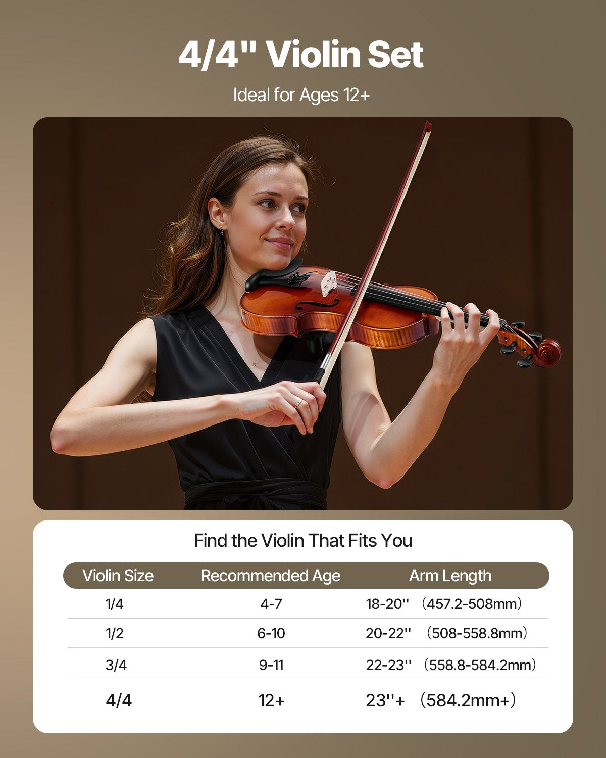 Violin 4/4 355mm Size Fiddle Set Solidwood for Beginner Glossy Brown Patterned