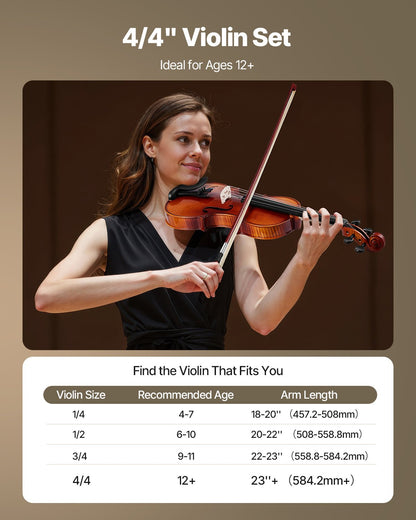 Violin 4/4 355mm Size Fiddle Set Solidwood for Beginner Glossy Brown Patterned