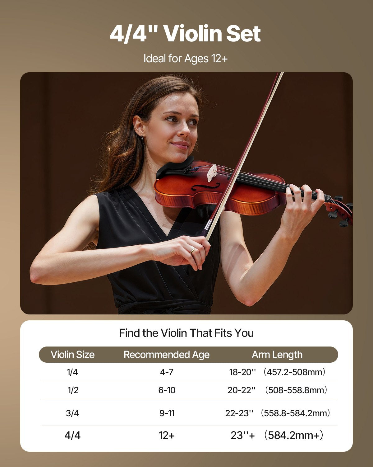 Violin 4/4 355mm Size Fiddle Set Solidwood for Beginner Matte Brown Patterned