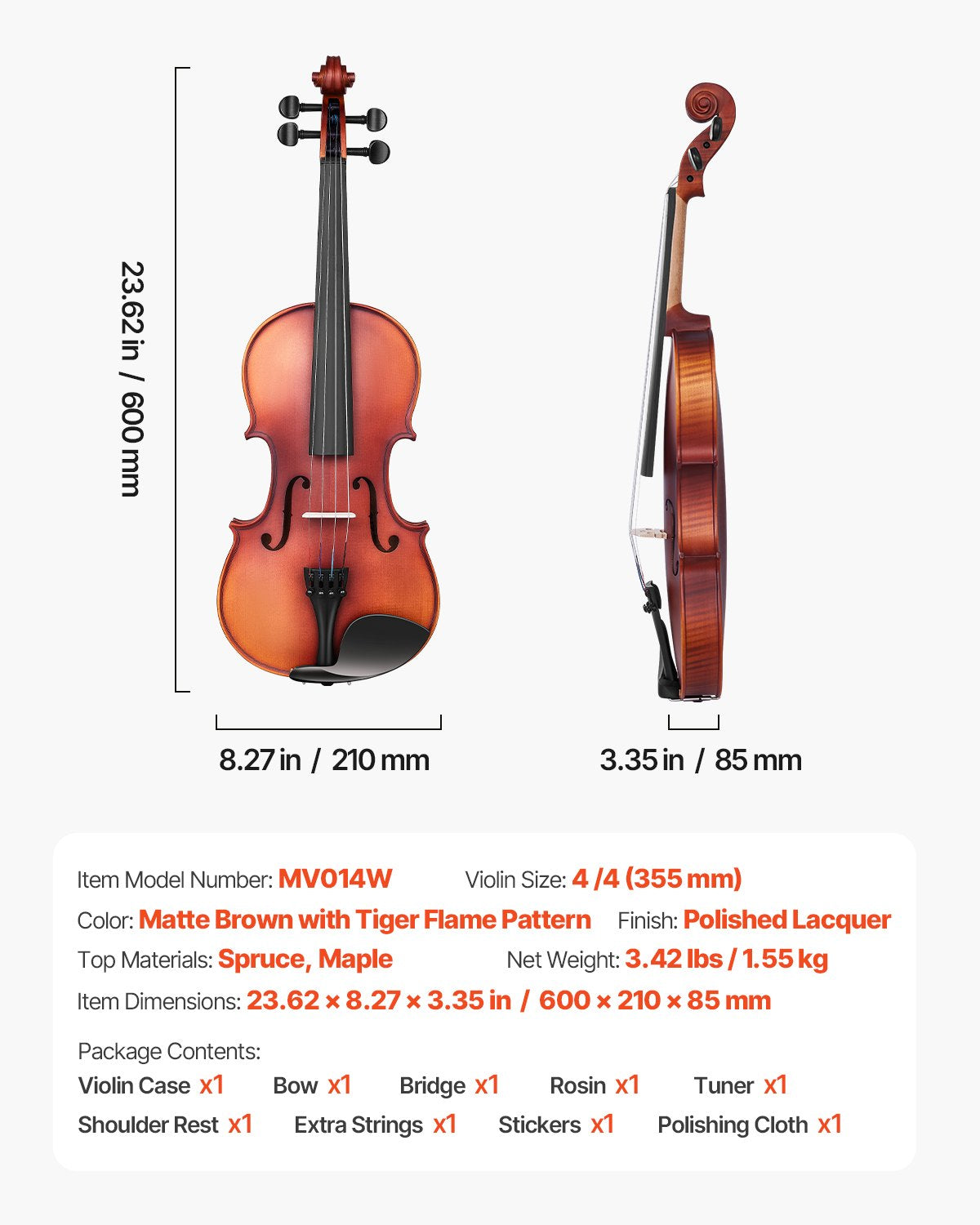 Violin 4/4 355mm Size Fiddle Set Solidwood for Beginner Matte Brown Patterned