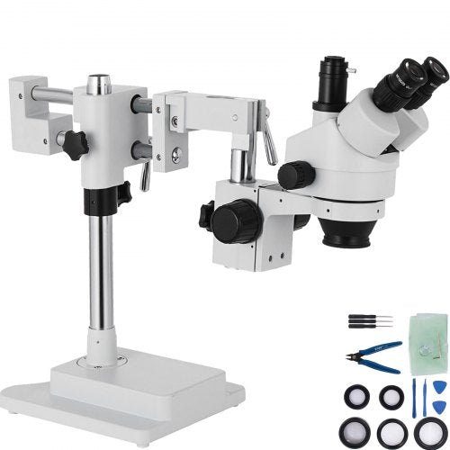 3.5X-90X Simul-Focal Stereo Microscope 360°Swiveling Trinocular Stereo Microscope with Dual Arm Boom