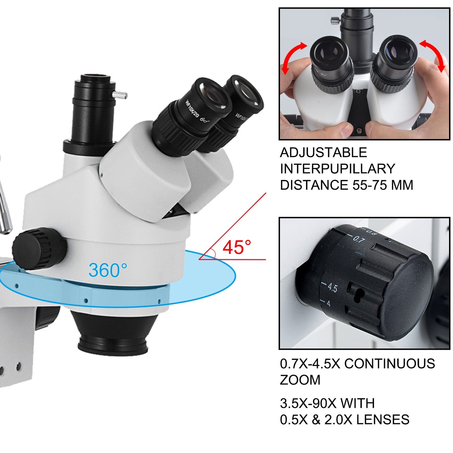 3.5X-90X Simul-Focal Stereo Microscope 360°Swiveling Trinocular Stereo Microscope with Dual Arm Boom