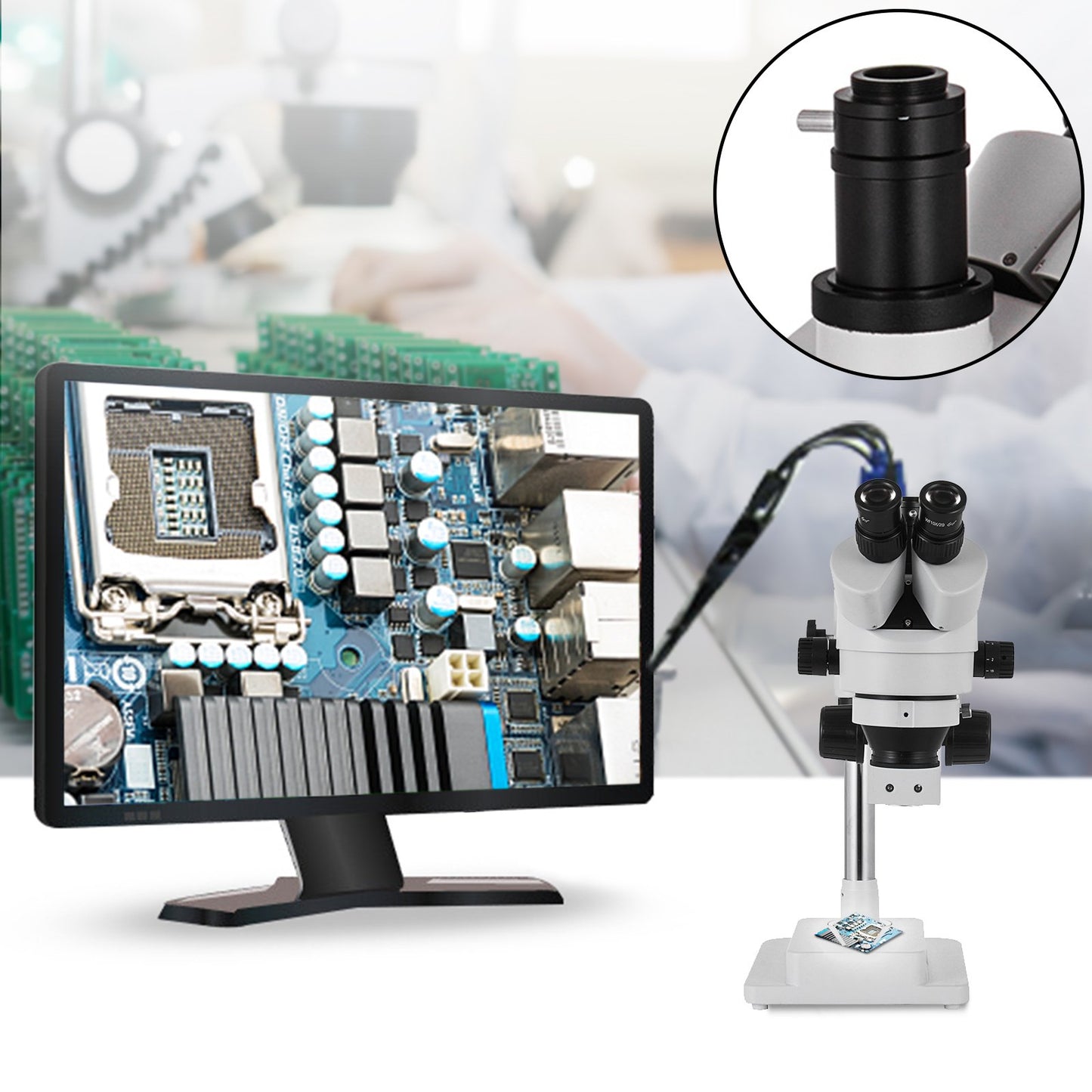 3.5X-90X Simul-Focal Stereo Microscope 360°Swiveling Trinocular Stereo Microscope with Dual Arm Boom