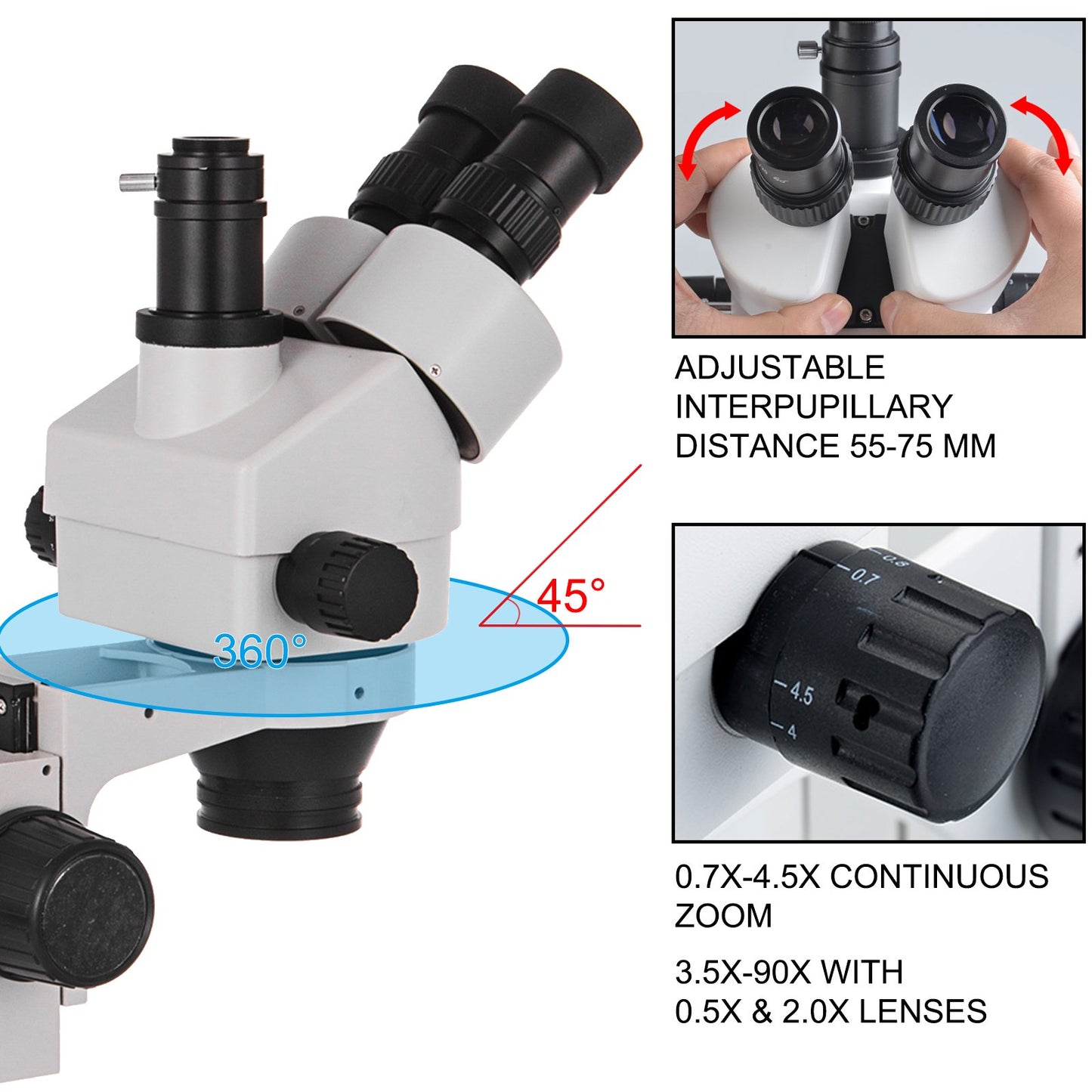 3.5X-90X Stereo Microscope 360°Swiveling Trinocular Stereo Microscope with Pillar Stand