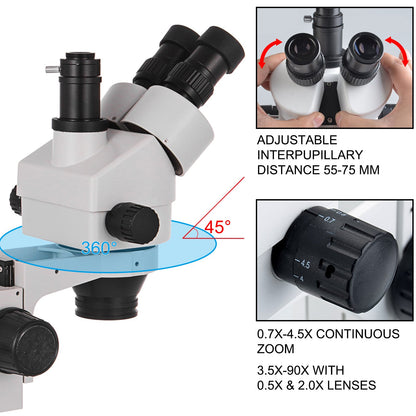 3.5X-90X Stereo Microscope 360°Swiveling Trinocular Stereo Microscope with Pillar Stand