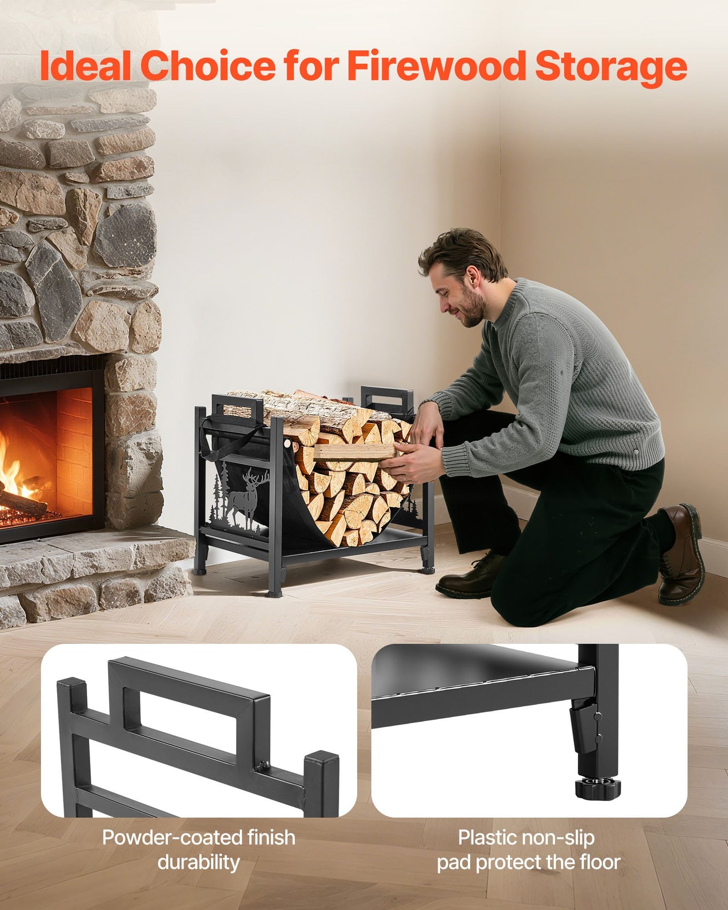 Vedställ för inomhusbruk, 45 cm böjd vedhållare med duk, vedställ med kapacitet 18 kg, vedhållare i pulverlackerat stål, kraftig vedhög för öppen spis