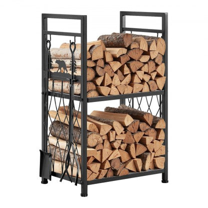 Indoor Firewood Rack, 45.5cm 2-Tier Firewood Holder with Fireplace Tools, Brush, Shovel, Poker, Tongs, Heavy Duty Log Wood Rack, 400 lbs Weight Capacity, Wood Pile Storage Stacker for Fire Pit