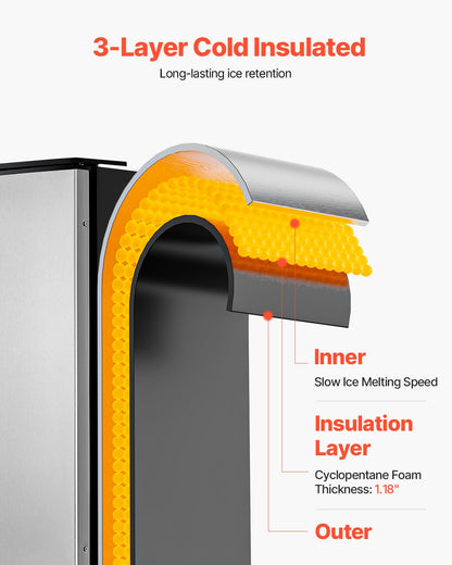 Inbyggd ismaskin för underbänkskiva, ismaskin för underbänkskiva, 80 lbs/dag, med vändbar dörr i rostfritt stål, fristående ismaskin för kommersiellt hemkök, elektrisk avlopp
