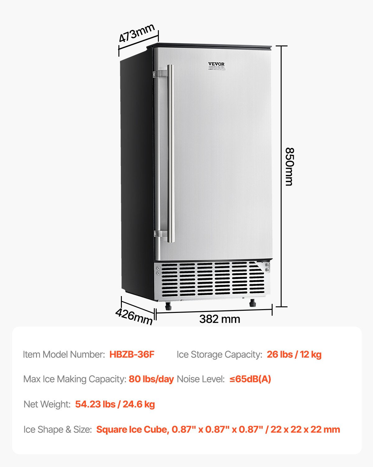 Inbyggd ismaskin för underbänkskiva, ismaskin för underbänkskiva, 80 lbs/dag, med vändbar dörr i rostfritt stål, fristående ismaskin för kommersiellt hemkök, elektrisk avlopp
