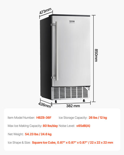 Inbyggd ismaskin för underbänkskiva, ismaskin för underbänkskiva, 80 lbs/dag, med vändbar dörr i rostfritt stål, fristående ismaskin för kommersiellt hemkök, elektrisk avlopp