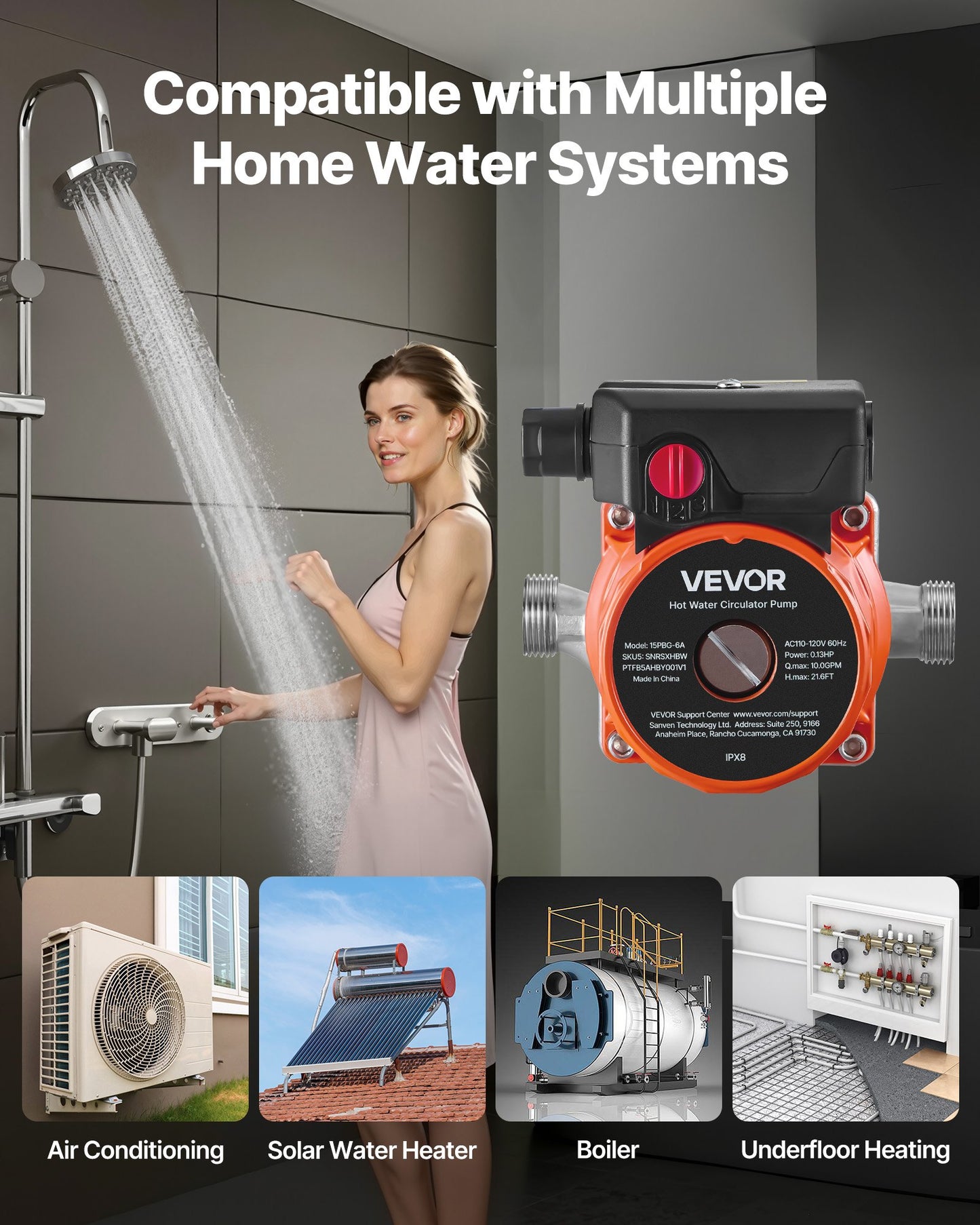 Hot Water Recirculating Pump, 38 LPM, Instant Circulation Circulator Pump System, 3-Speed Control, 100W, AC 220-240V, G3/4 in to G1/2 in Adapter, Stainless Steel Head, for Water Heater System