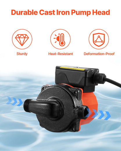 Hot Water Recirculating Pump, 38 LPM, Instant Circulation Circulator Pump System, 3-Speed Control, 100W, AC 220-240V, G3/4 in to G1/2 in Adapter, Cast Iron Head, for Water Heater System